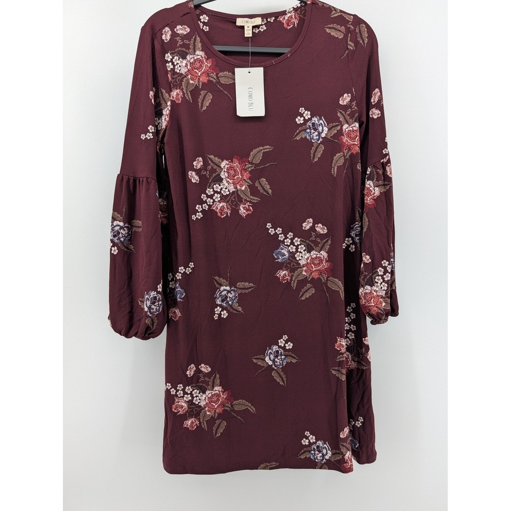 Como Blu Shift Dress Womens Size M Burgundy NWT Floral Bell Sleeve DC477BLU
